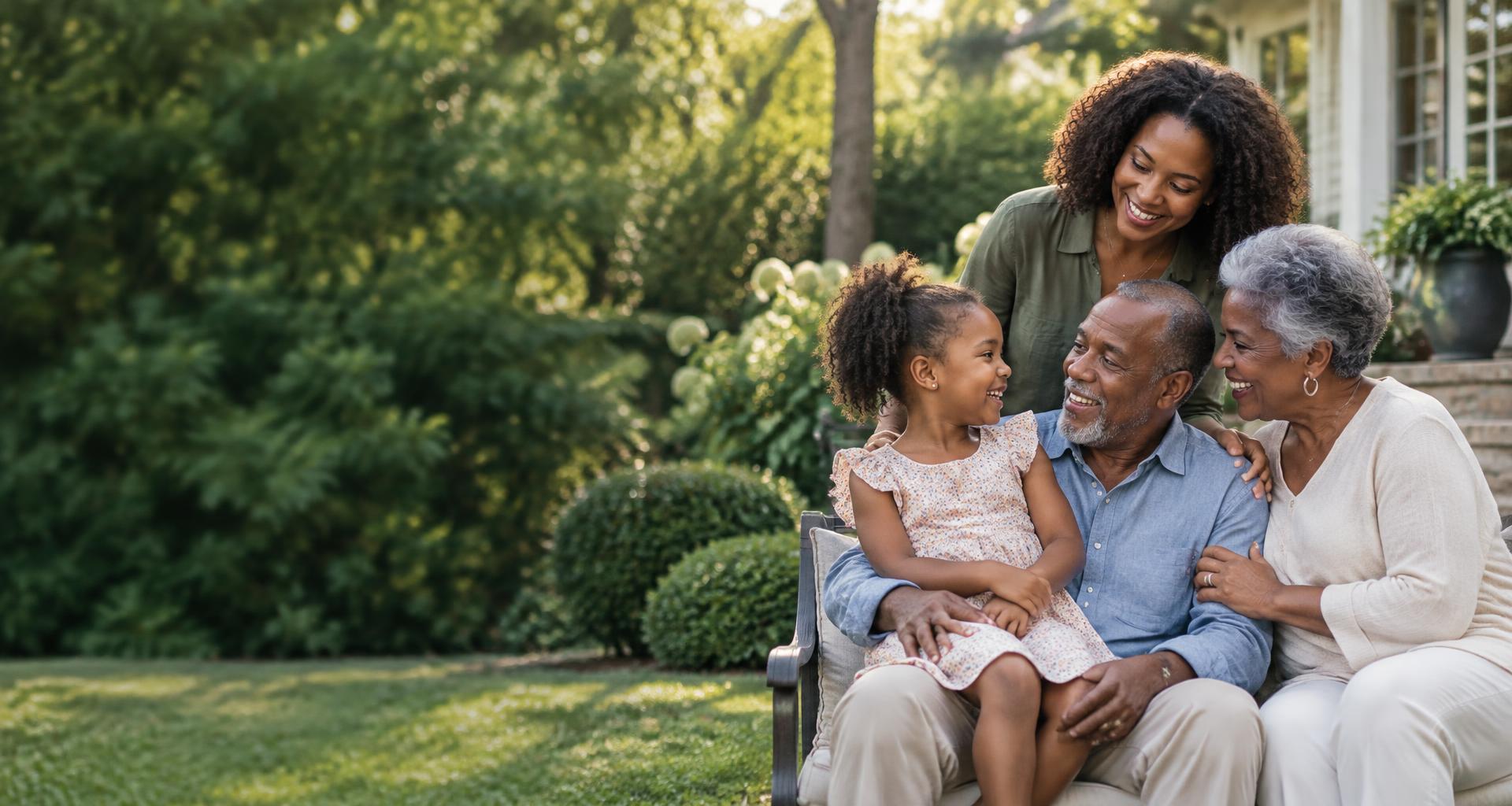 Three generations of a family sharing a happy moment in their garden